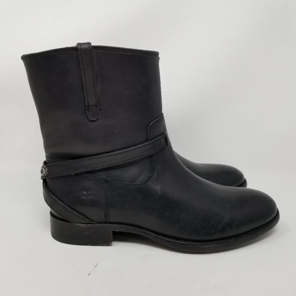 Frye Womens Lindsay Plate Short Boots Black Leather Moto Size 6.5 Straps Pull On
